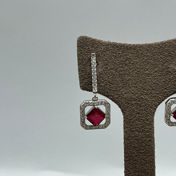 lab created ruby and CZ art deco dangle pierced Earrings - Picture 2 of 8